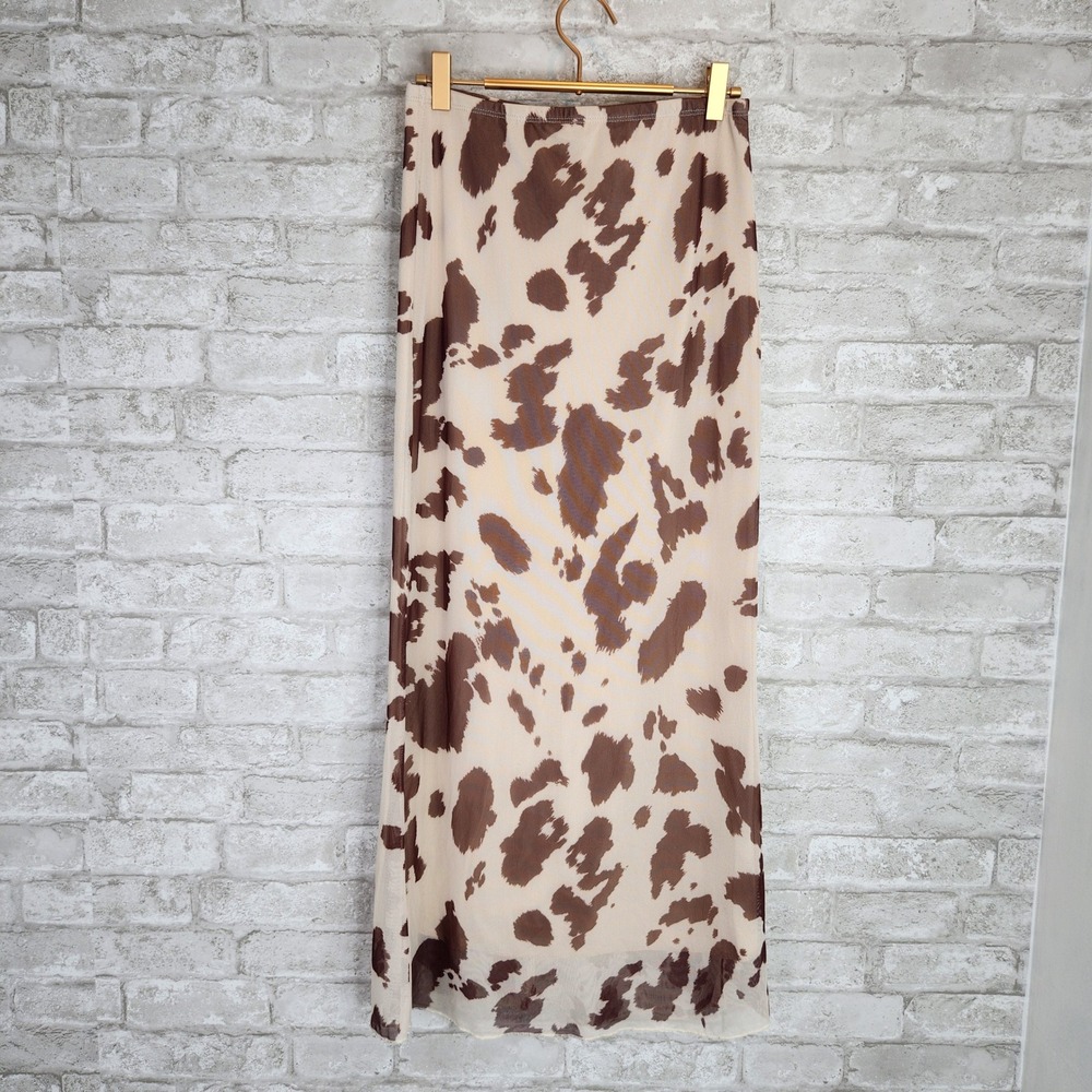 See You Monday Maxi Skirt Cow Print Mesh Western Boho Brown Cream Medium